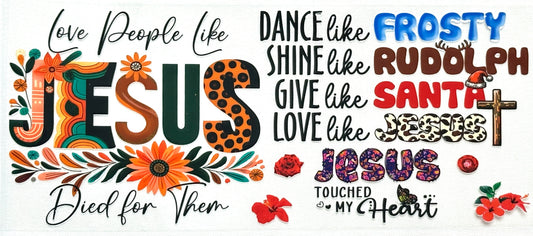 Decorative text with religious and Christmas-themed phrases