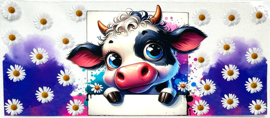 Cartoon cow with a colorful background and flowers