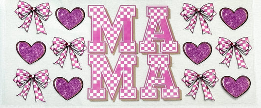 Decorative sign with 'MAMA' in pink and purple checkered letters, surrounded by hearts and bows 