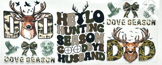 Decorative elements with hunting-themed text and animal illustrations 