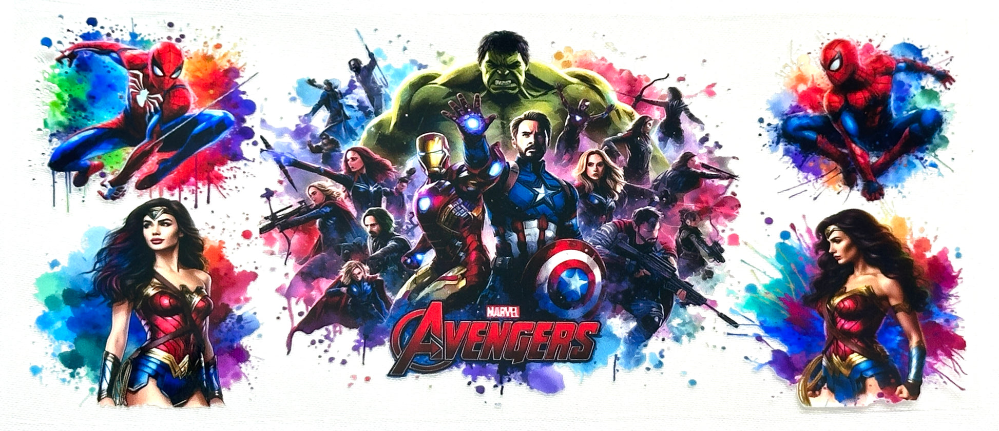 Avengers characters with colorful splashes on a white background