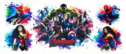 Avengers characters with colorful splashes on a white background