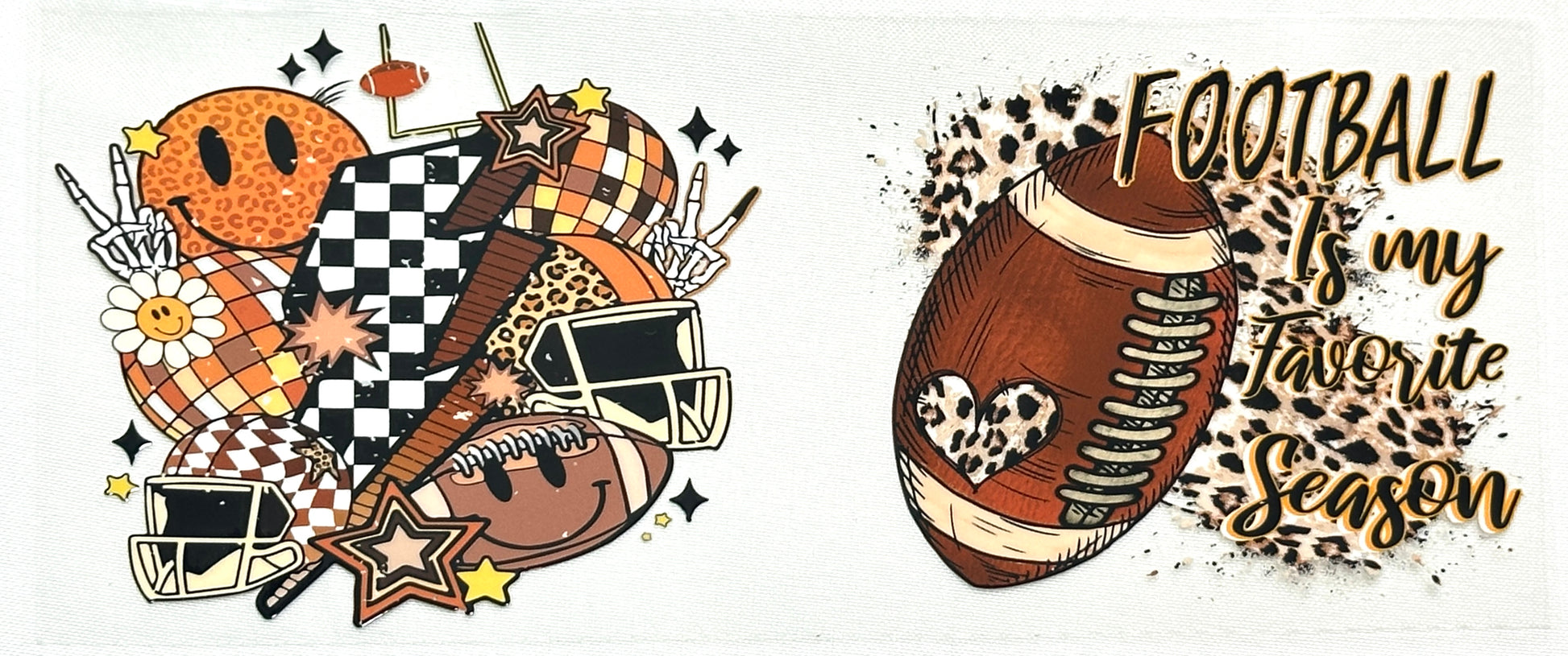 Illustrations of footballs and sports-themed designs with text 