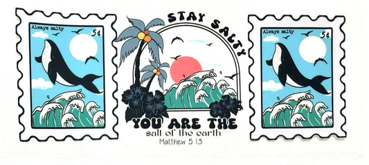Three stylized postage stamps with orcas, palm trees, and ocean waves, featuring text and a quote.