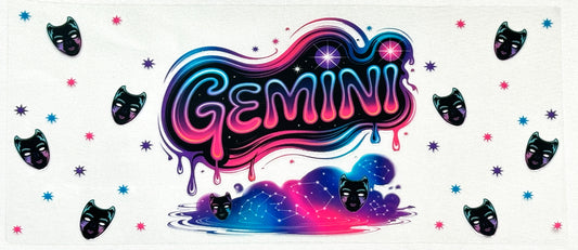 Colorful 'Gemini' design with black cat illustrations on a white background