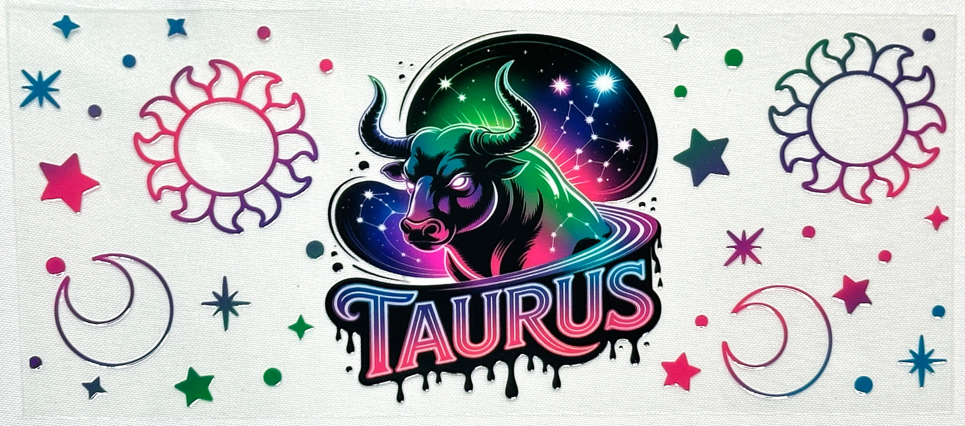 Colorful Taurus zodiac design with star signs and celestial elements on a white background