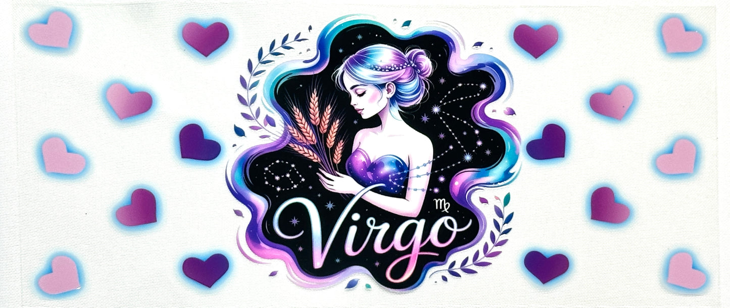 Virgo zodiac sign illustration with a woman holding a flower, surrounded by hearts on a white background.