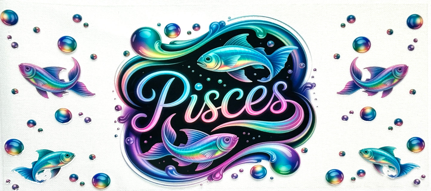 Colorful illustration of Pisces zodiac sign with fish and bubbles on a white background