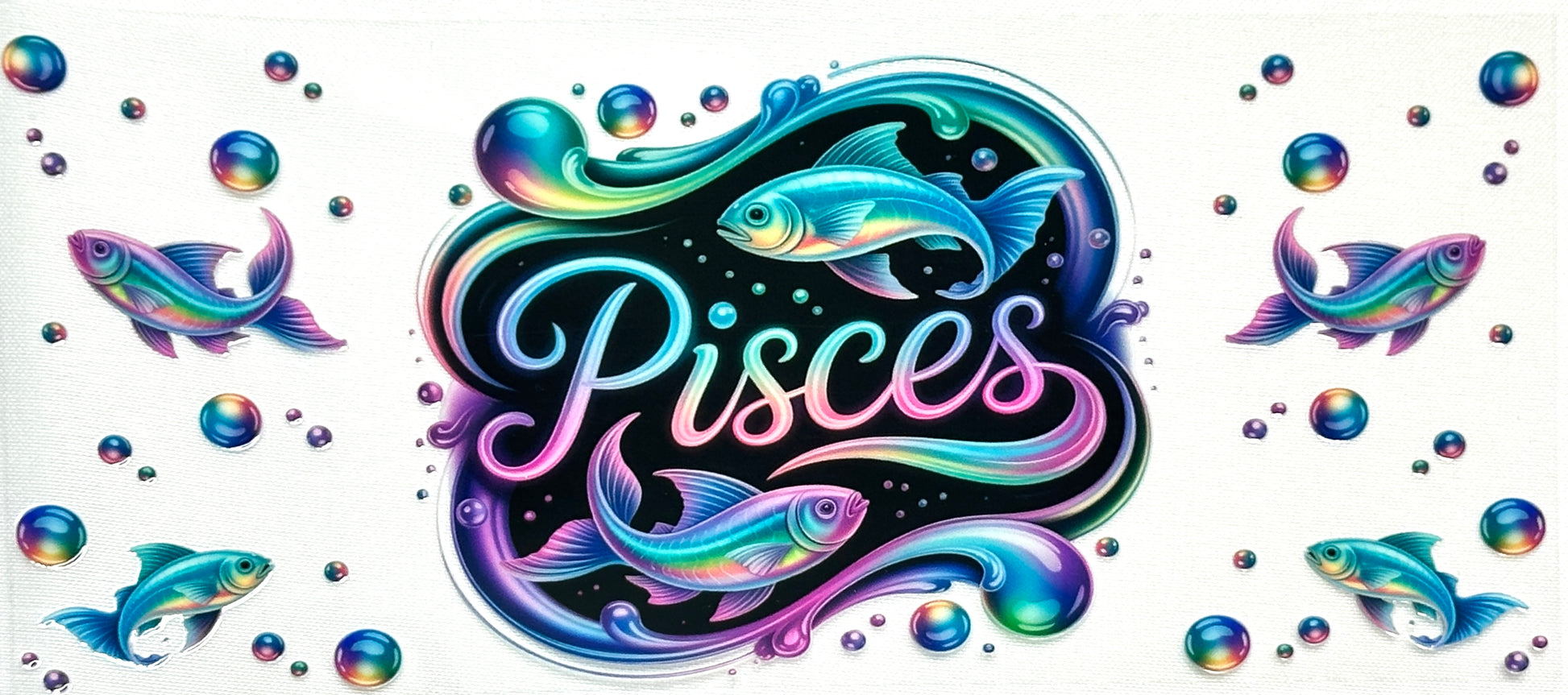 Colorful illustration of Pisces zodiac sign with fish and bubbles on a white background