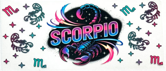 Colorful Scorpio zodiac design with star signs and symbols on a white background