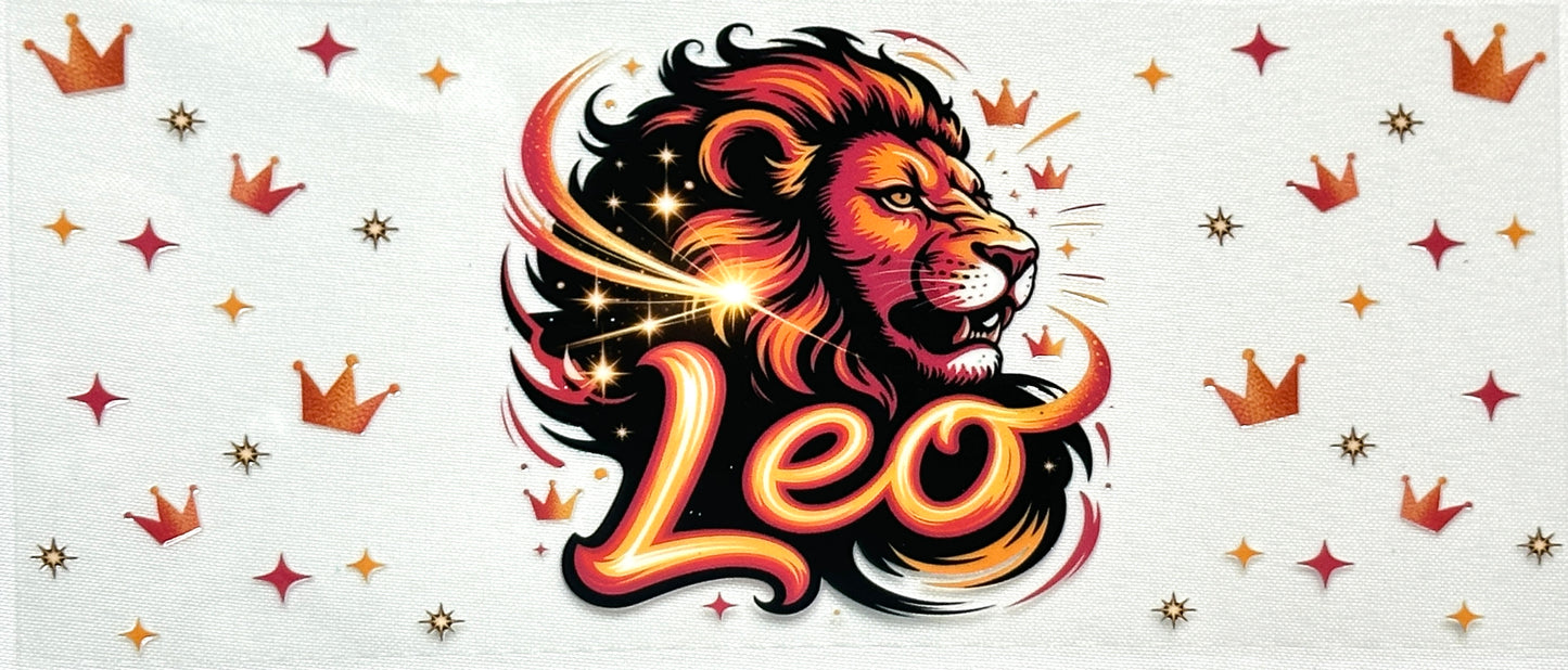 Leo zodiac sign logo with lion design on a decorative background with crowns and stars.