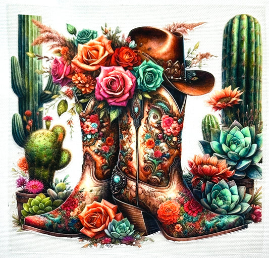 Decorative boot with flowers and cacti on a white background