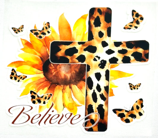 Decorative cross with sunflower and butterflies on a white background