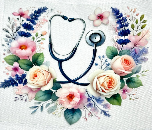 Stethoscope surrounded by flowers and leaves on a textured background