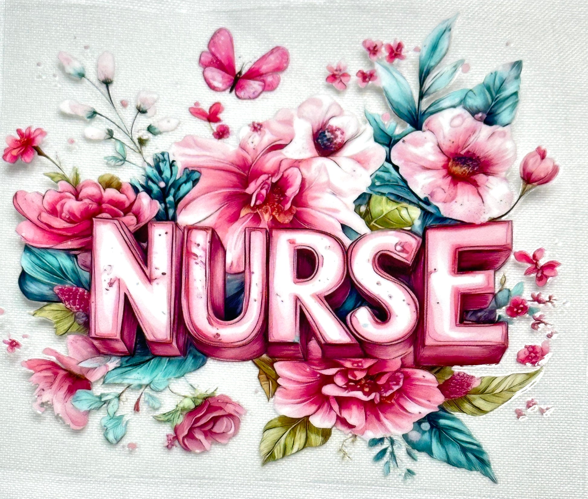 The word 'NURSE' surrounded by pink flowers and butterflies on a light background