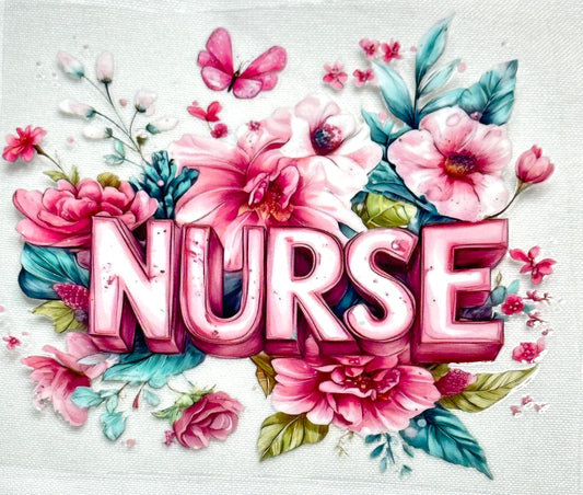 The word 'NURSE' surrounded by pink flowers and butterflies on a light background