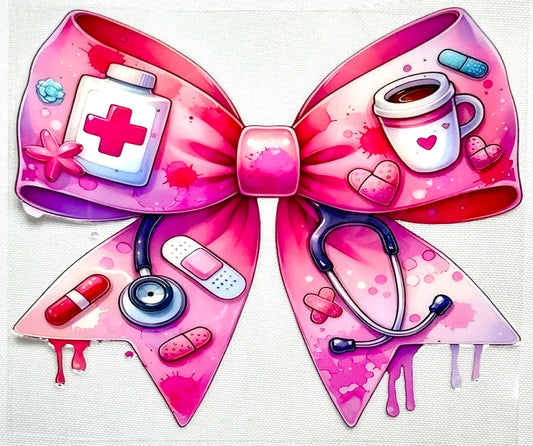 Pink bow with medical-themed elements on a white background