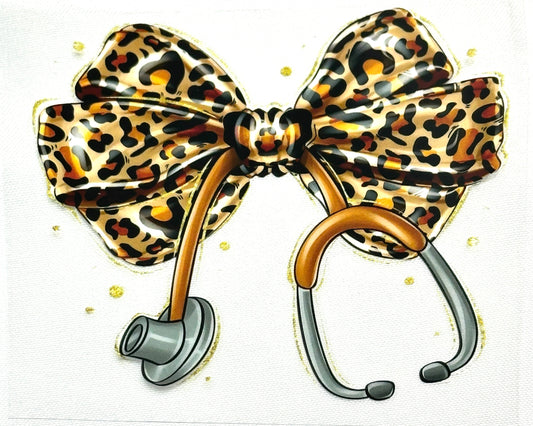 Leopard print bow with a stethoscope on a white background