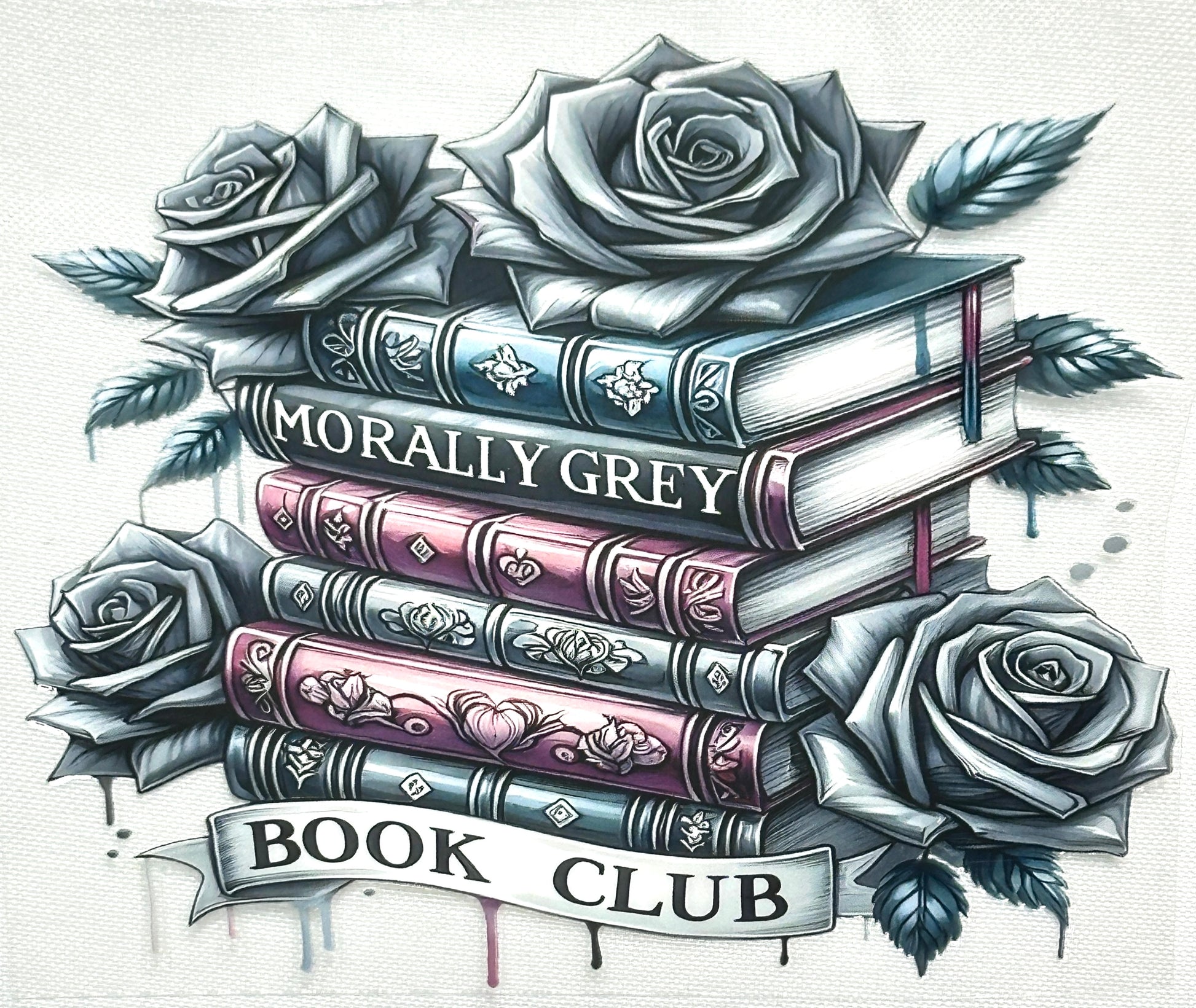 Stack of books with roses and 'Grey Book Club' text on a light background