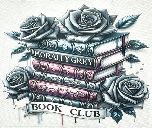 Stack of books with roses and 'Grey Book Club' text on a light background
