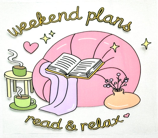 Illustration of a pink armchair with a book, cup of tea, and small table on a white background with 'weekend plans' text.