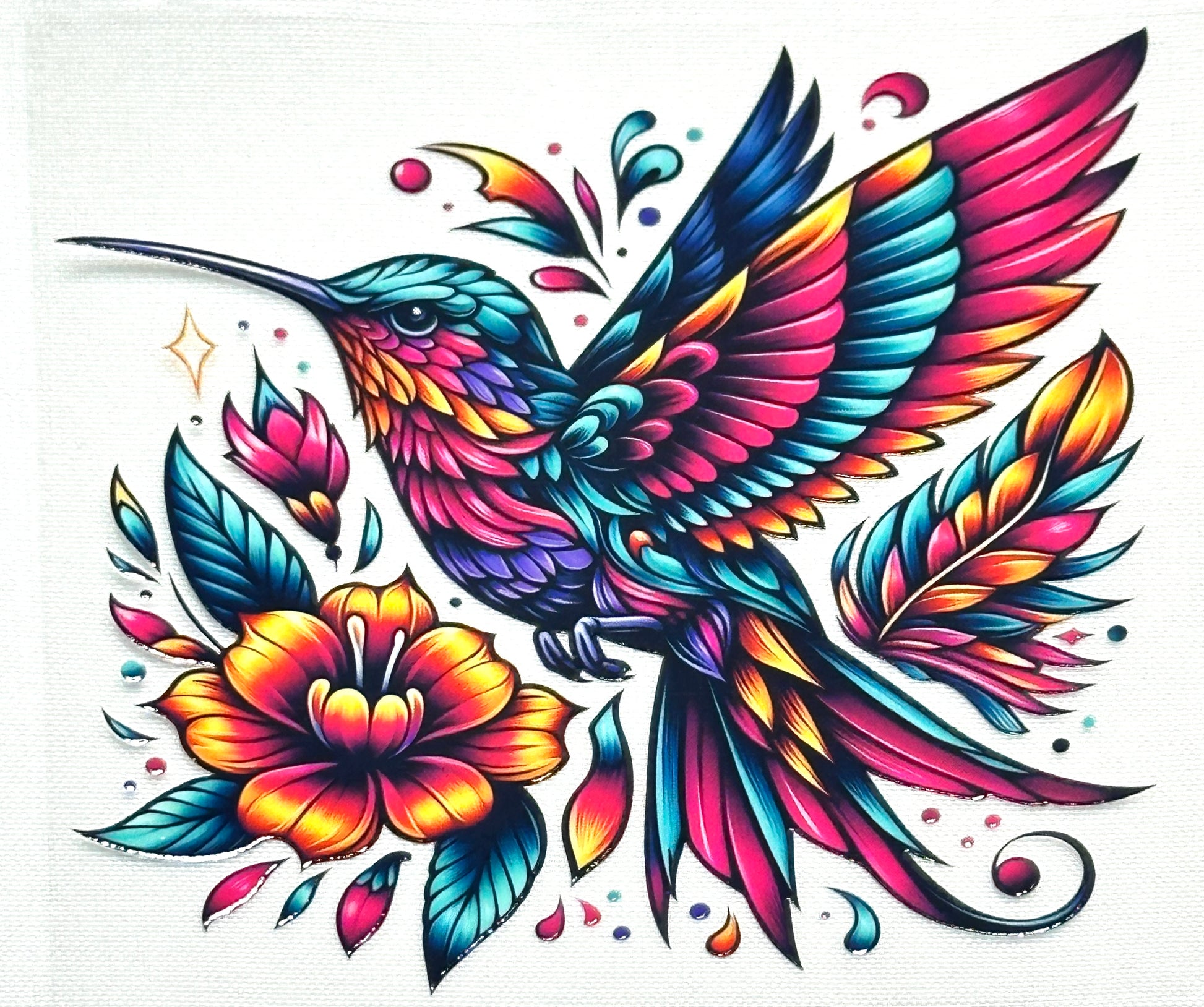 Colorful hummingbird and flower illustration on a white background