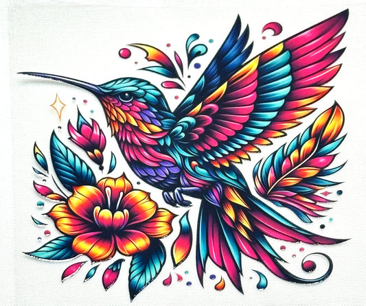Colorful hummingbird and flower illustration on a white background