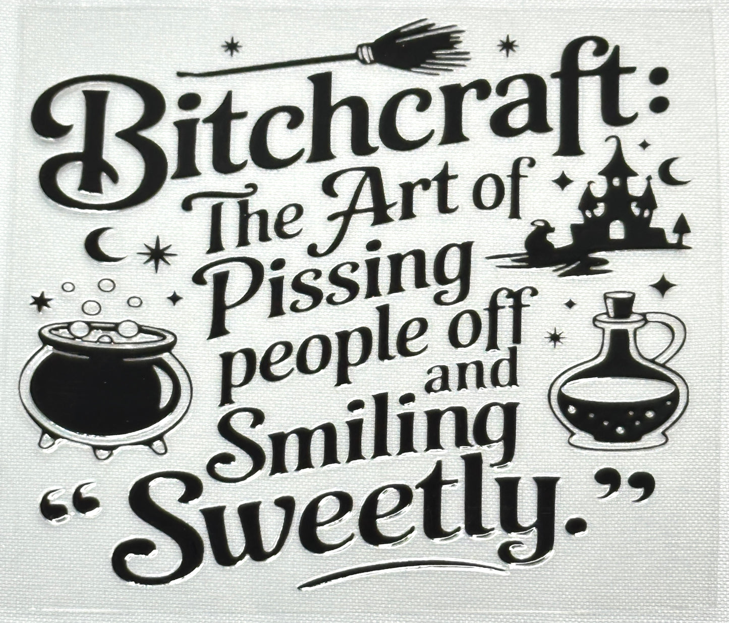 Black text with witch-themed graphics on a white background