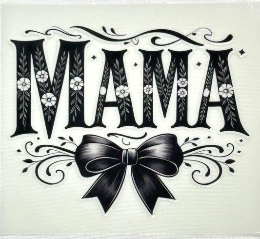 Decorative text 'MAMA' with floral elements and a bow on a white background