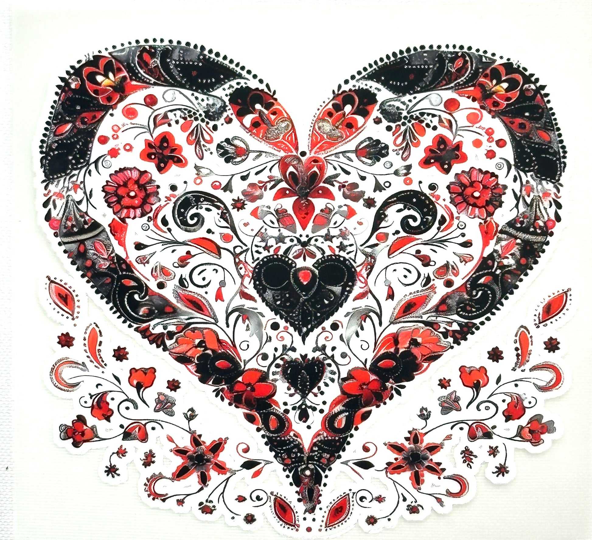 Decorative heart design with black, red, and white patterns on a white background