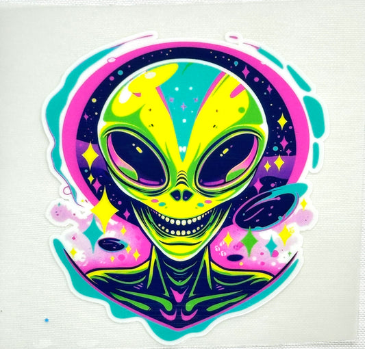 Colorful alien design with a starry background on a white background