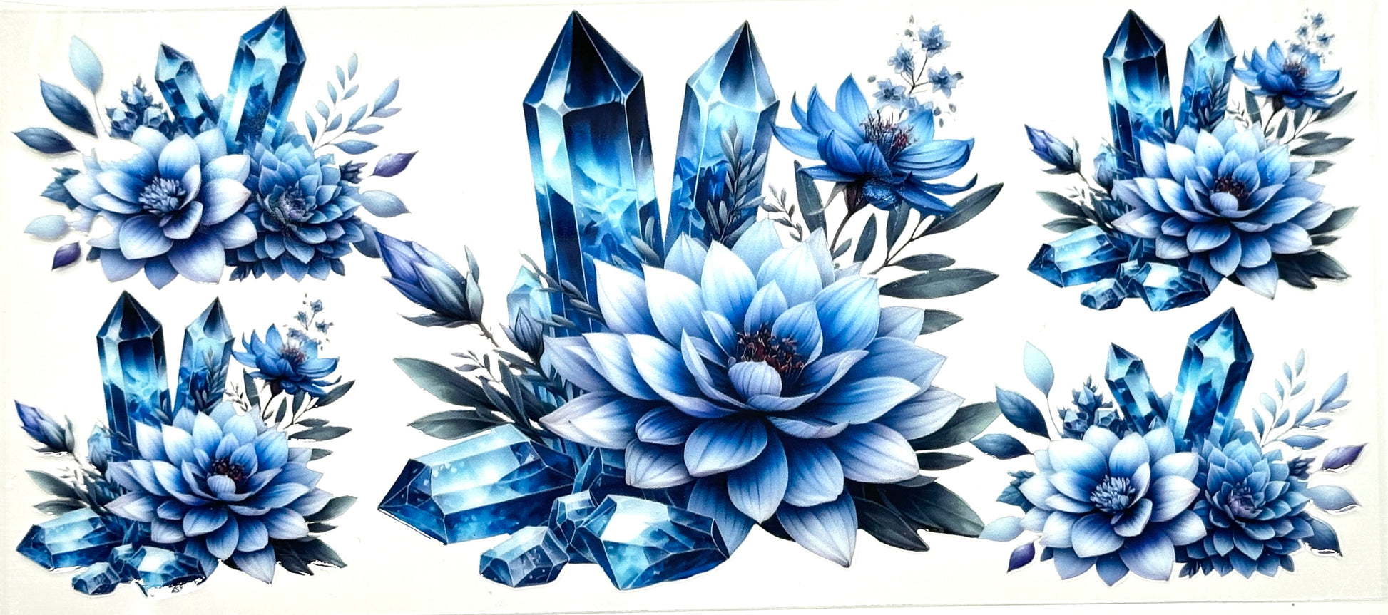 Decorative design with blue flowers and crystals on a white background
