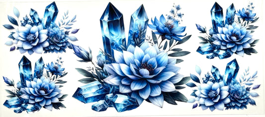 Decorative design with blue flowers and crystals on a white background