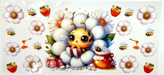 Cartoon bee character surrounded by flowers, honey pots, and bees on a white background