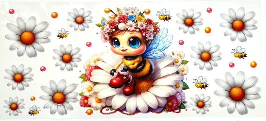 Cartoon bee character with flowers and daisies on a white background