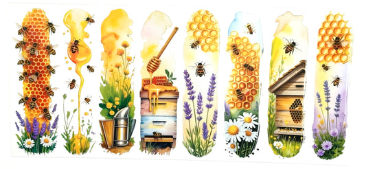 Set of honey-themed nail art designs with bees, honeycomb, and lavender.