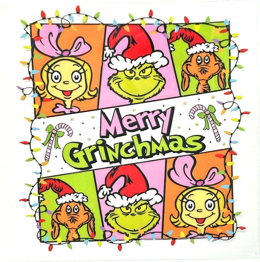 Colorful themed Christmas design with text 'Merry Grinchmas' surrounded by festive lights.