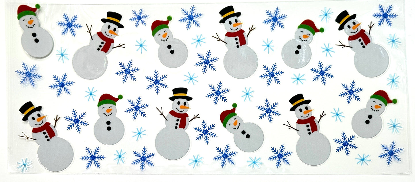 Pattern of snowmen and snowflakes on a white background