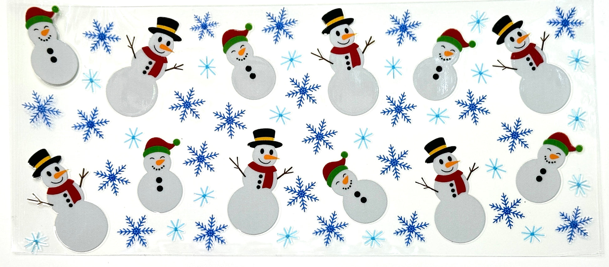 Pattern of snowmen and snowflakes on a white background