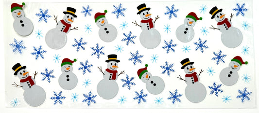 Pattern of snowmen and snowflakes on a white background