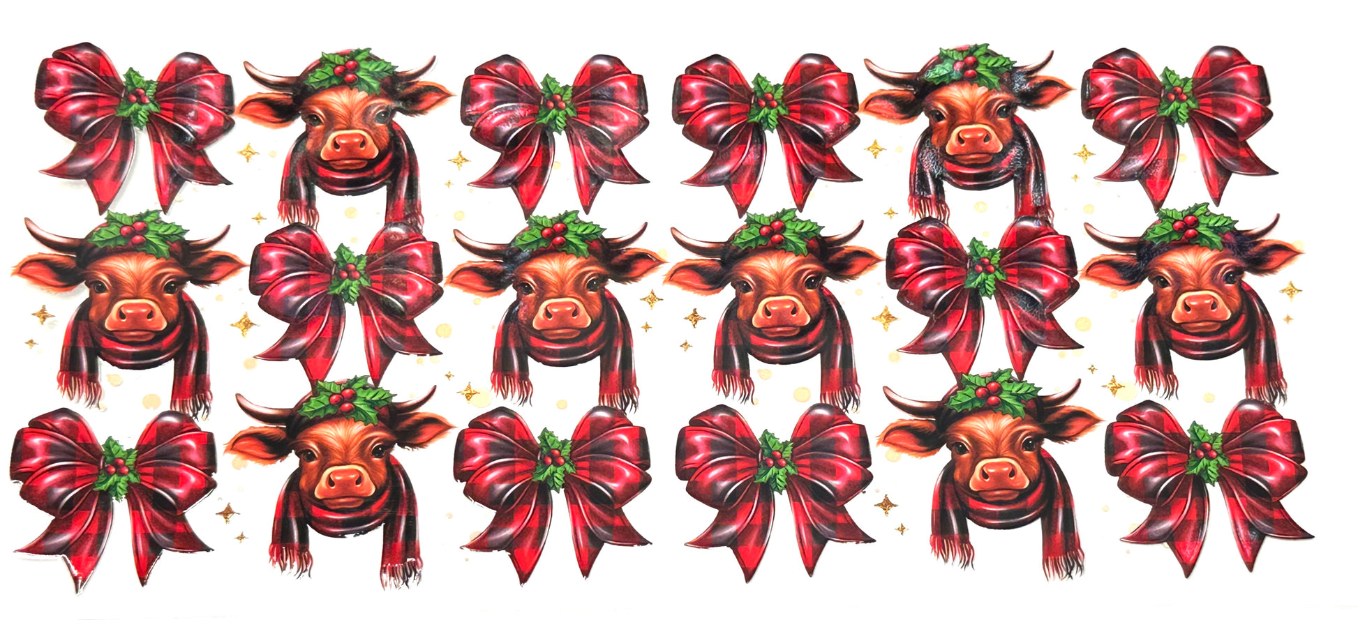 Repeating pattern of bulls with red bows and green leaves on a white background
