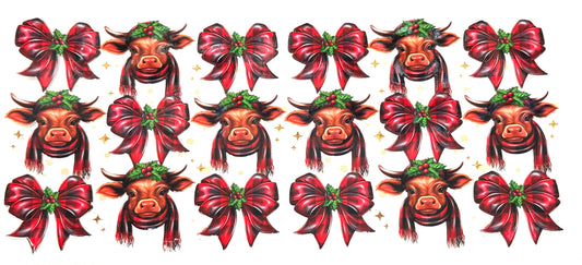 Repeating pattern of bulls with red bows and green leaves on a white background