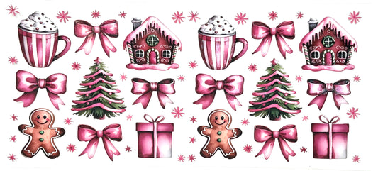 Set of Christmas-themed illustrations including mugs, houses, trees, bows, and gingerbread men on a white background.