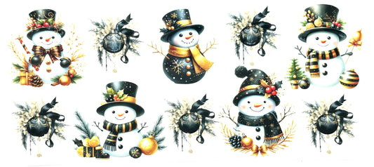 Set of decorative snowmen with festive elements on a white background