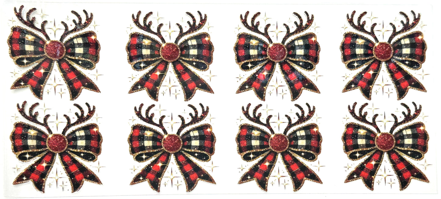 Set of six decorative bows with reindeer antlers and plaid patterns on a white background.