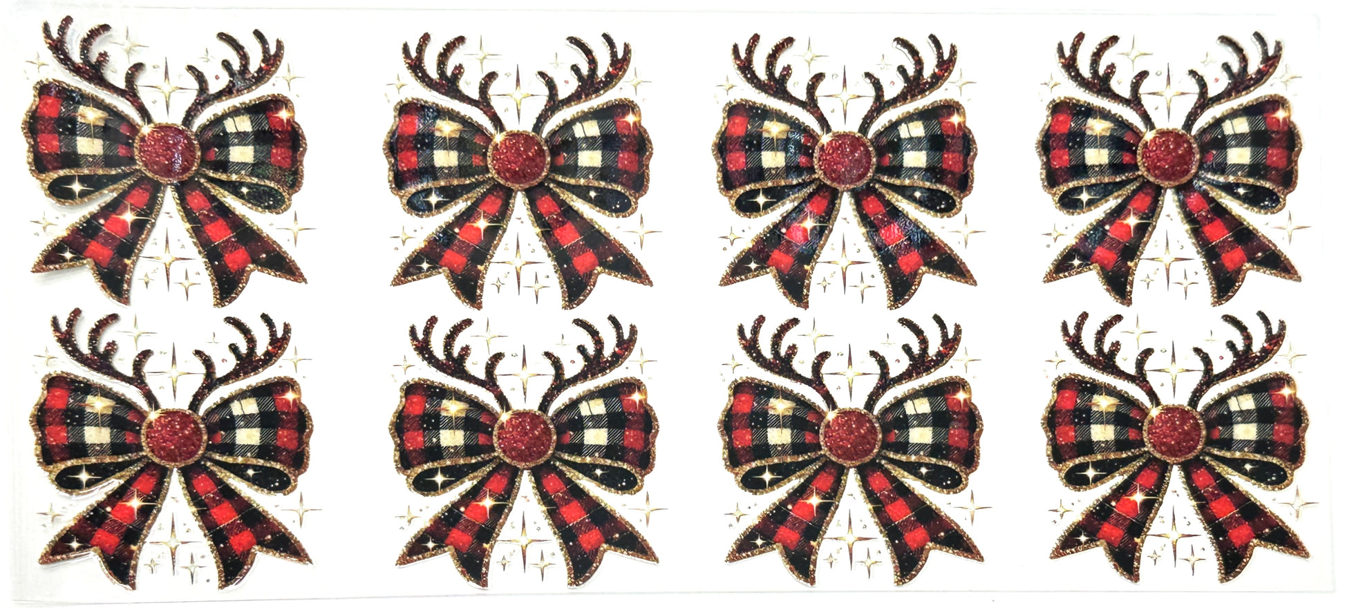 Set of six decorative bows with reindeer antlers and plaid patterns on a white background.