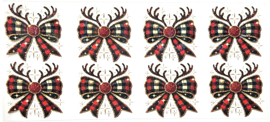 Set of six decorative bows with reindeer antlers and plaid patterns on a white background.