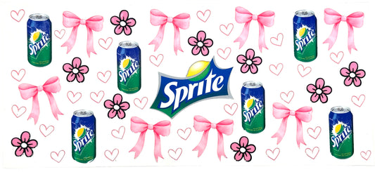 Soda cans with pink bows and flowers on a white background