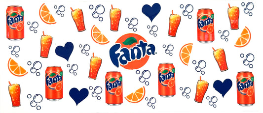 Orange soda cans, orange slices, and hearts on a white background
