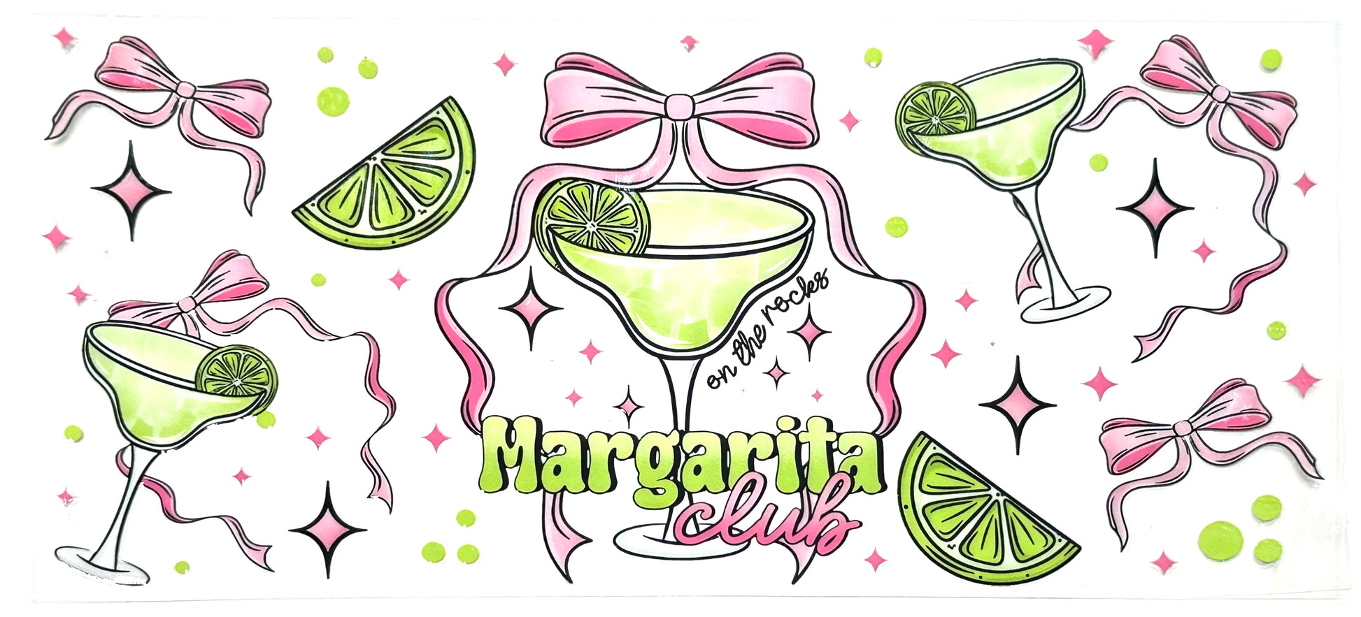 Design with margarita glasses, lime wedges, and pink bows on a white background.